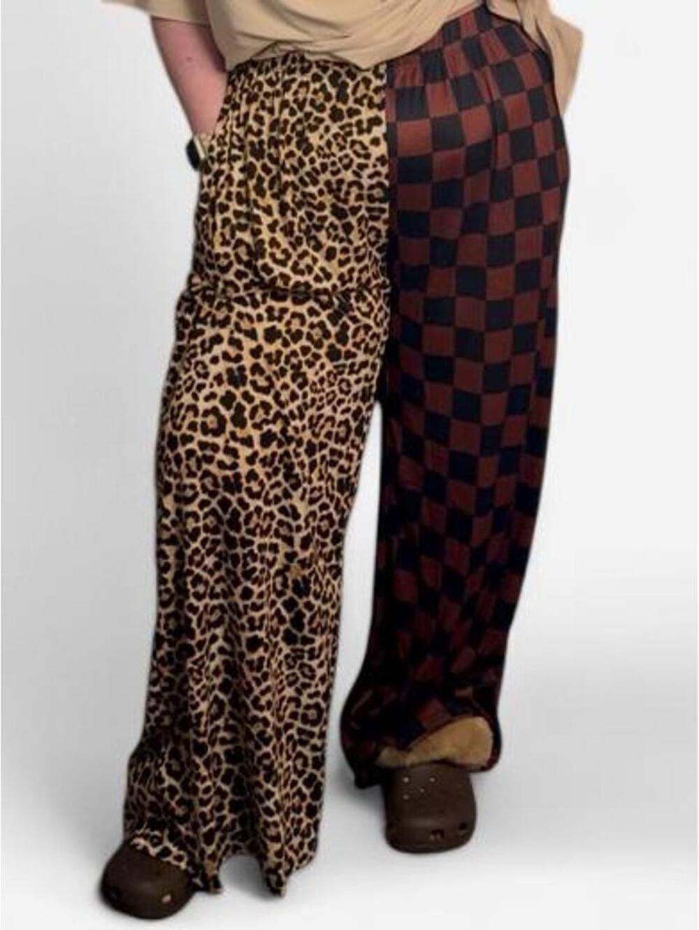 Brown and black checkered and leopard print pants size 1XL